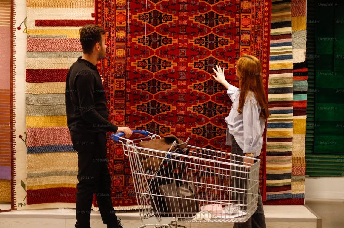 Salon contemporain avec tapis lavable dans des tons doux